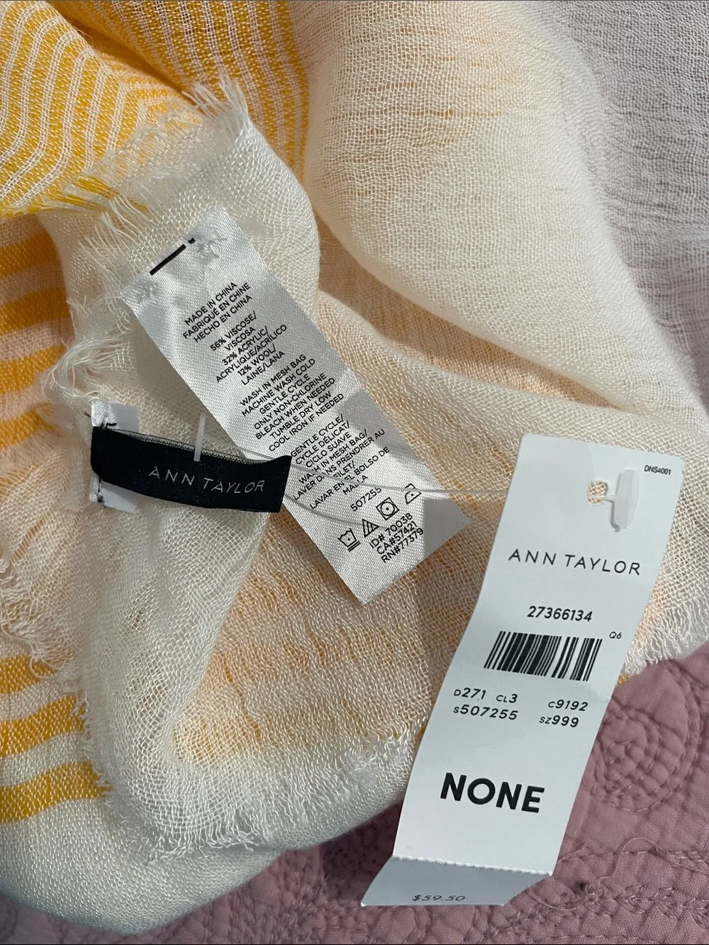 Ann Taylor Striped Yellow and White Lightweight Scarf NWT